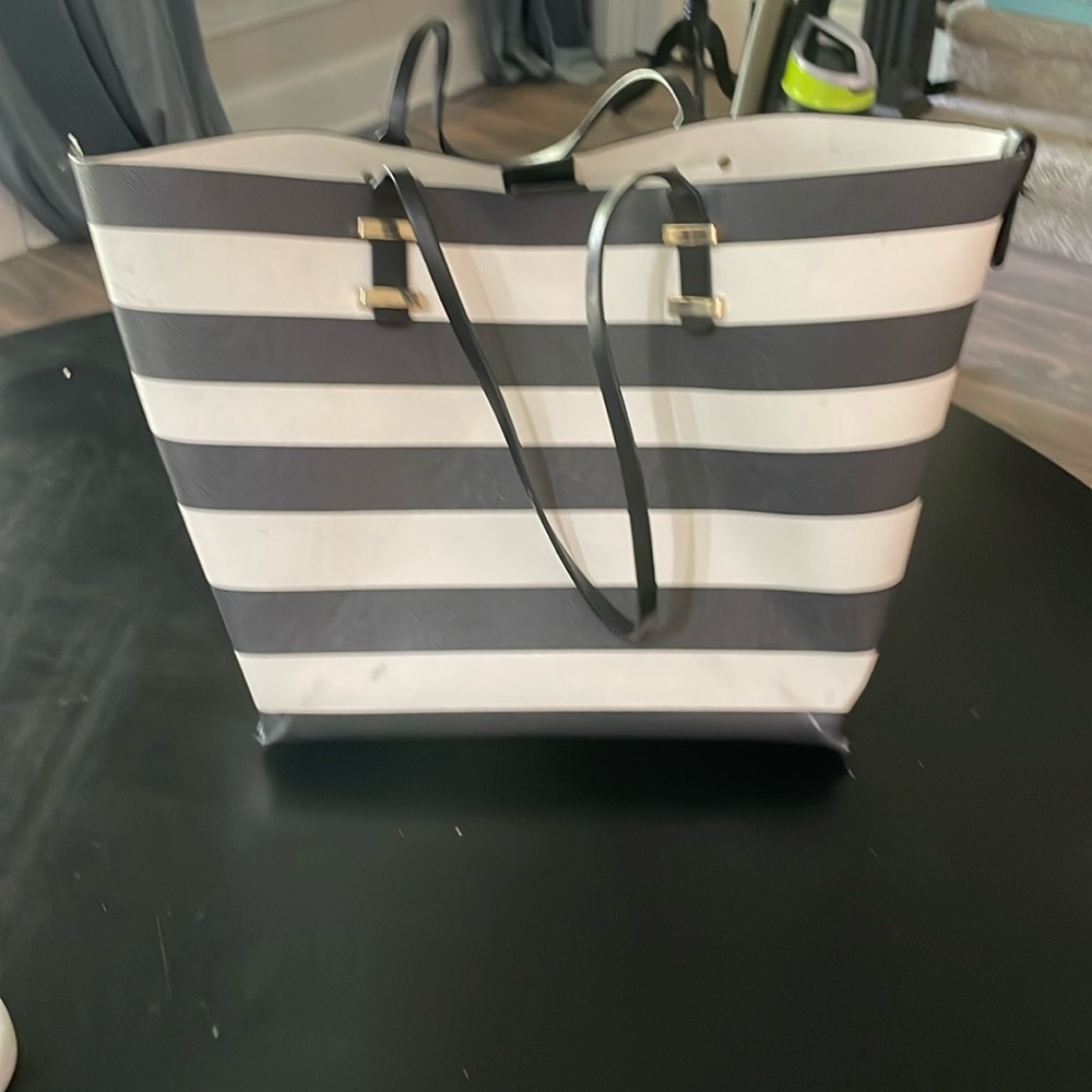 Black and white wide striped tote
